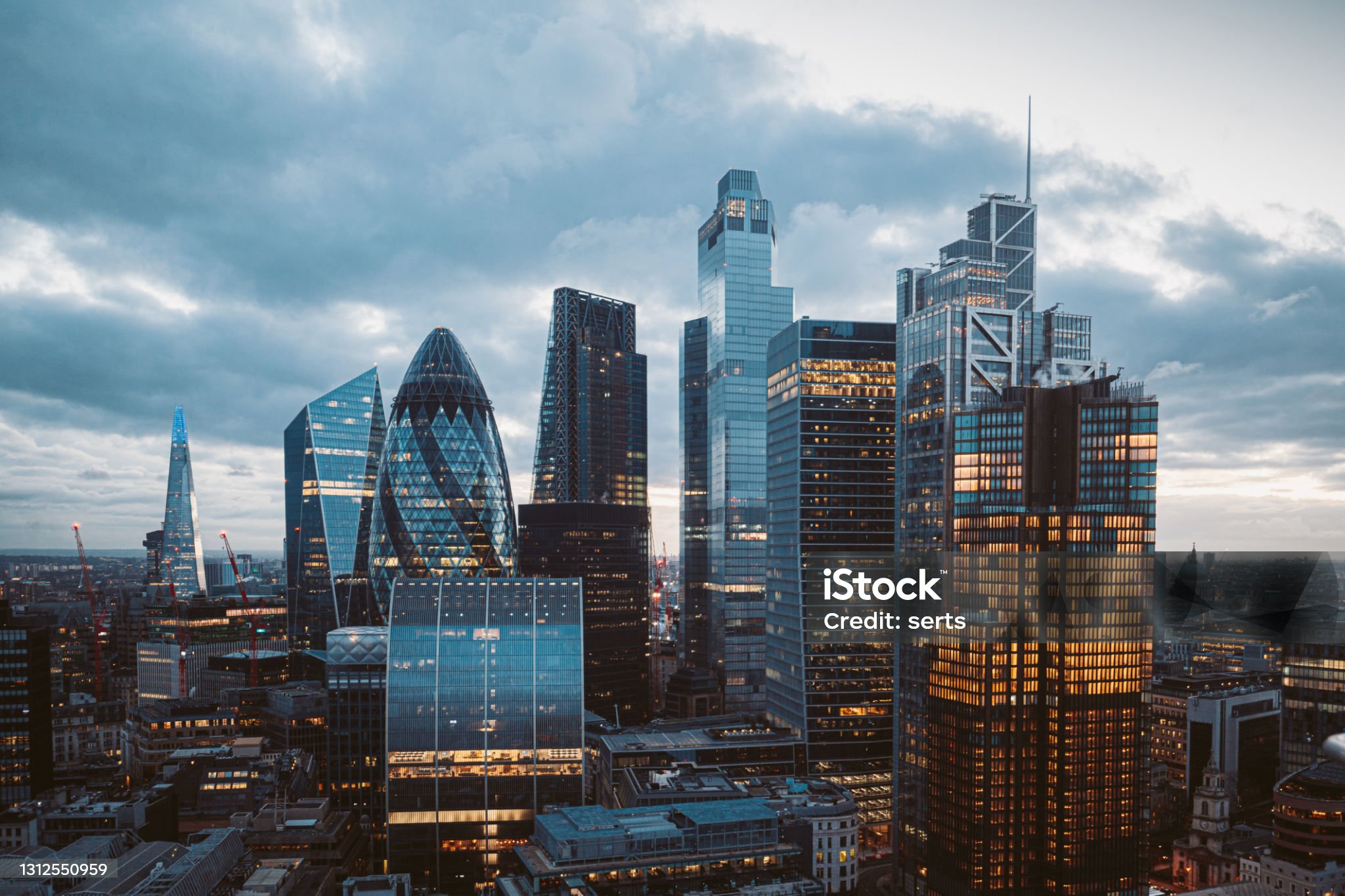 Aerial panoramic view of The City of London cityscape skyline with metropole financial district modern skyscrapers