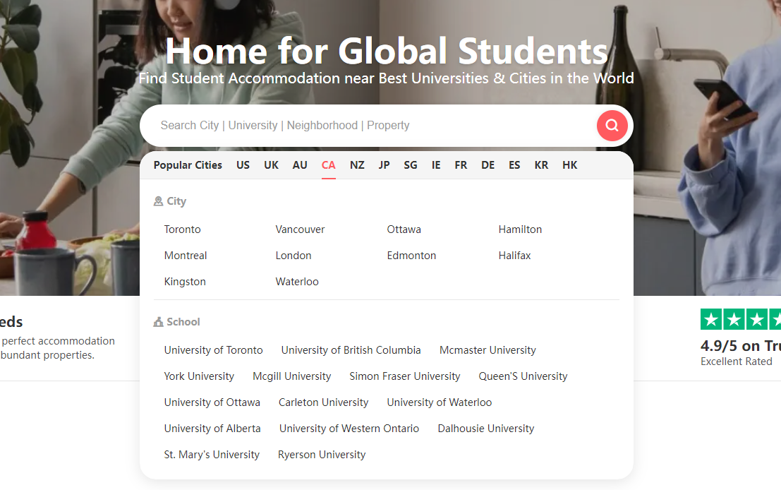 select city and university in search box uhomes