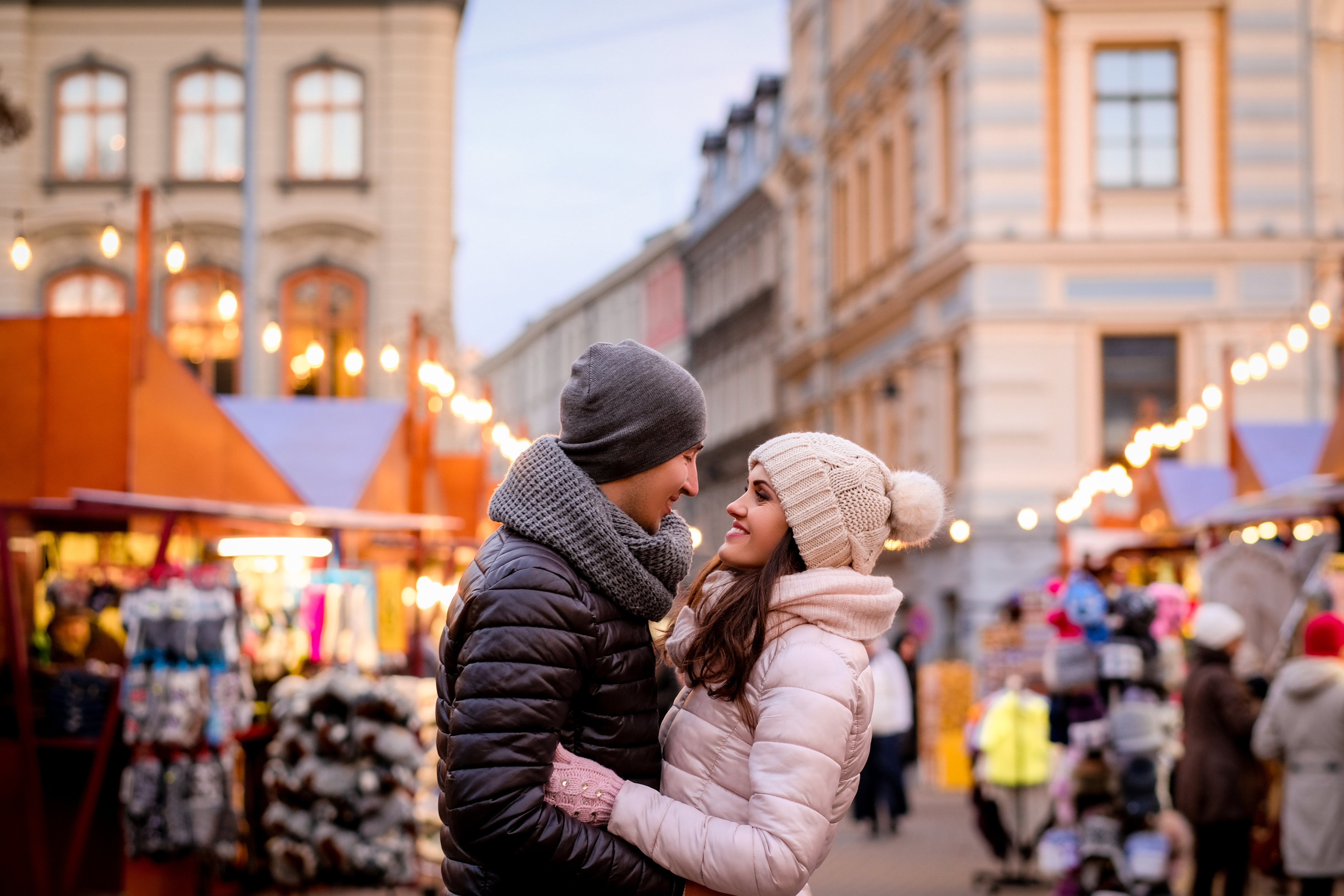 Romantic couple in Christmas fair in Paris