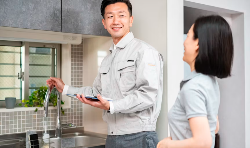 a landlord explaining to a woman at kitchen