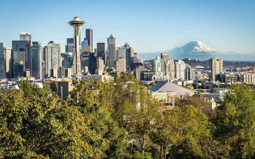 aerial panorama of Seattle city skyline in Washington state