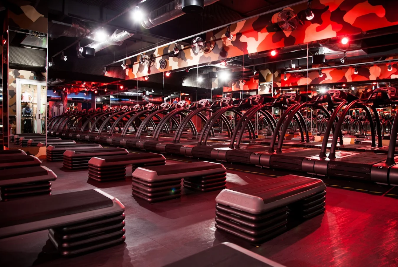 interior of a gym with red lights