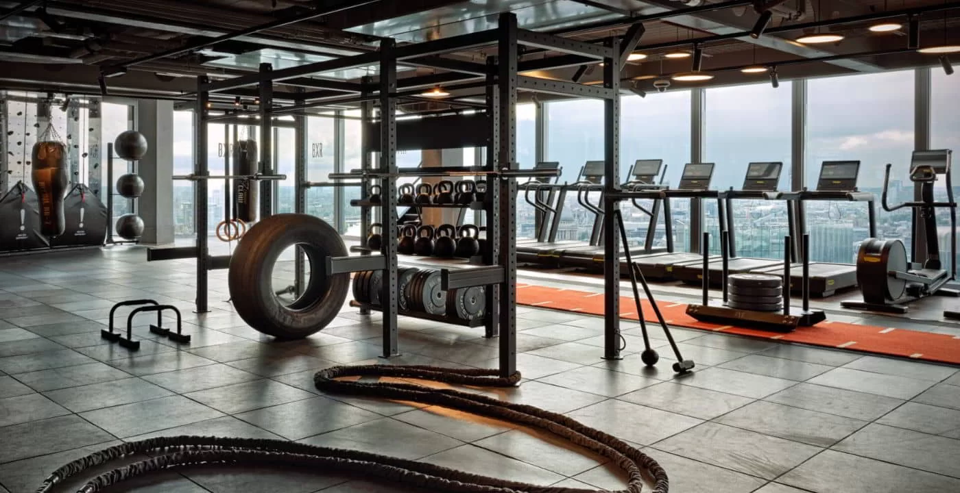 a gym with equipments in a high building
