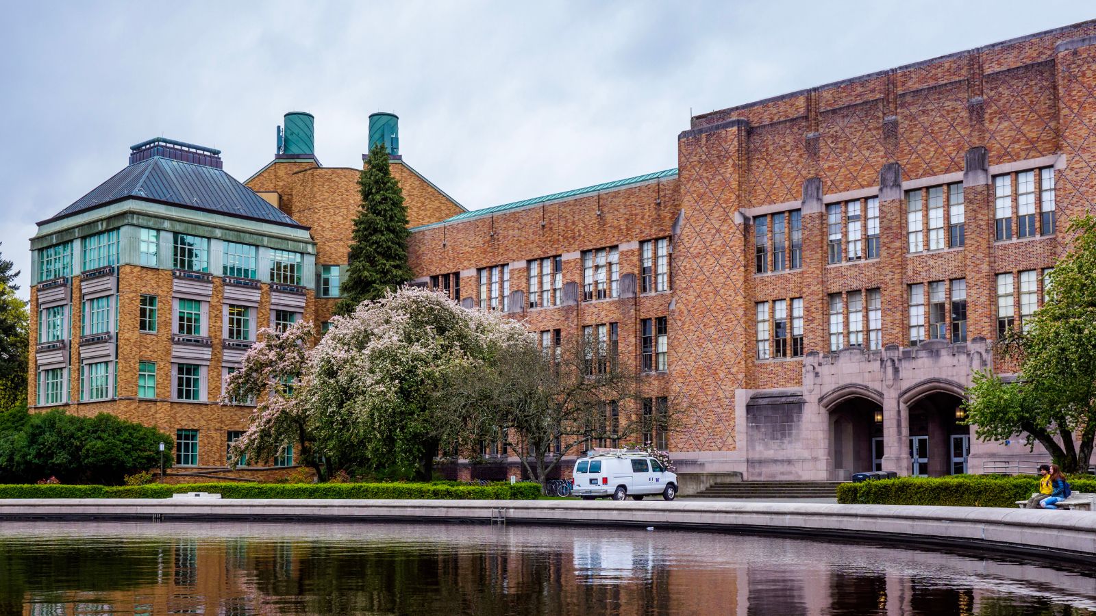 red brick university with pool