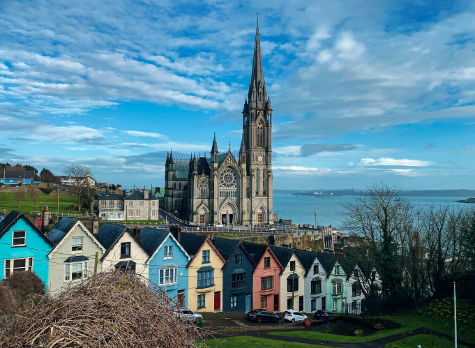 colorful houses and cathedral in Cobh Ireland
