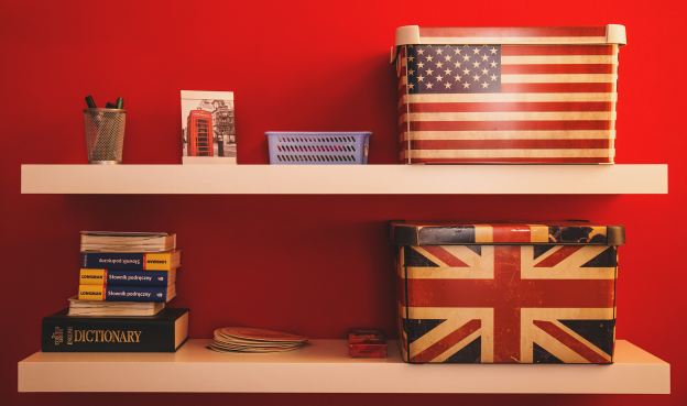 two boxes with USA and UK flag on it