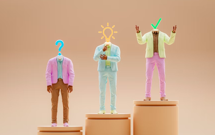 three men standing on top of three levels of podiums