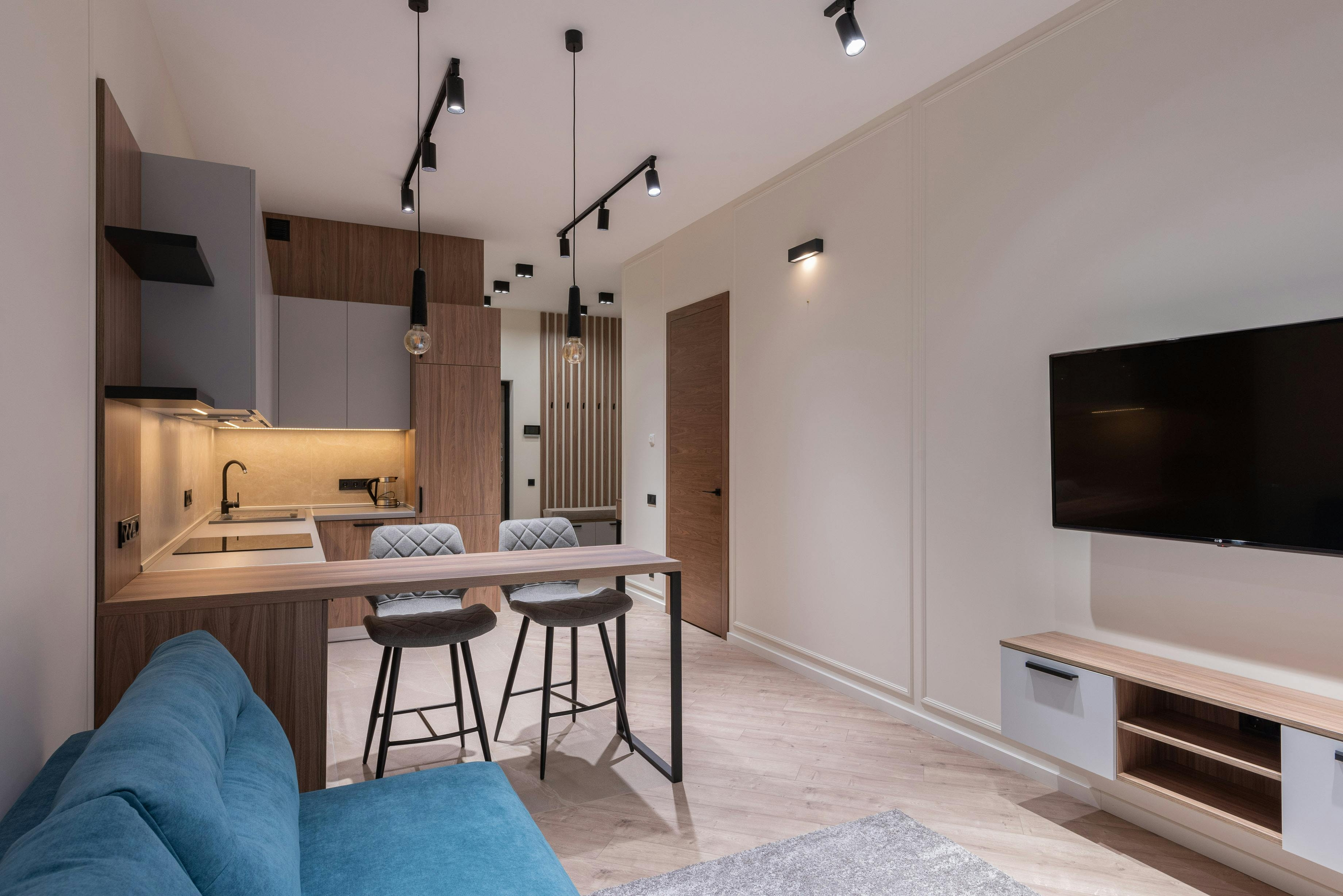 modern apartment, stylish interior, open kitchen, cozy lounge, studio apartment