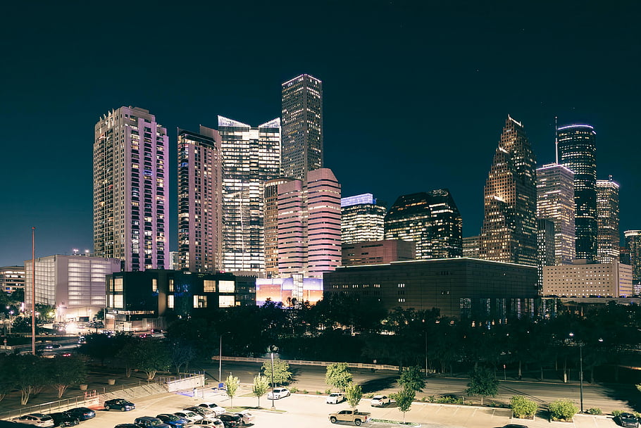 Houston skyline, illuminated skyline, downtown Houston
