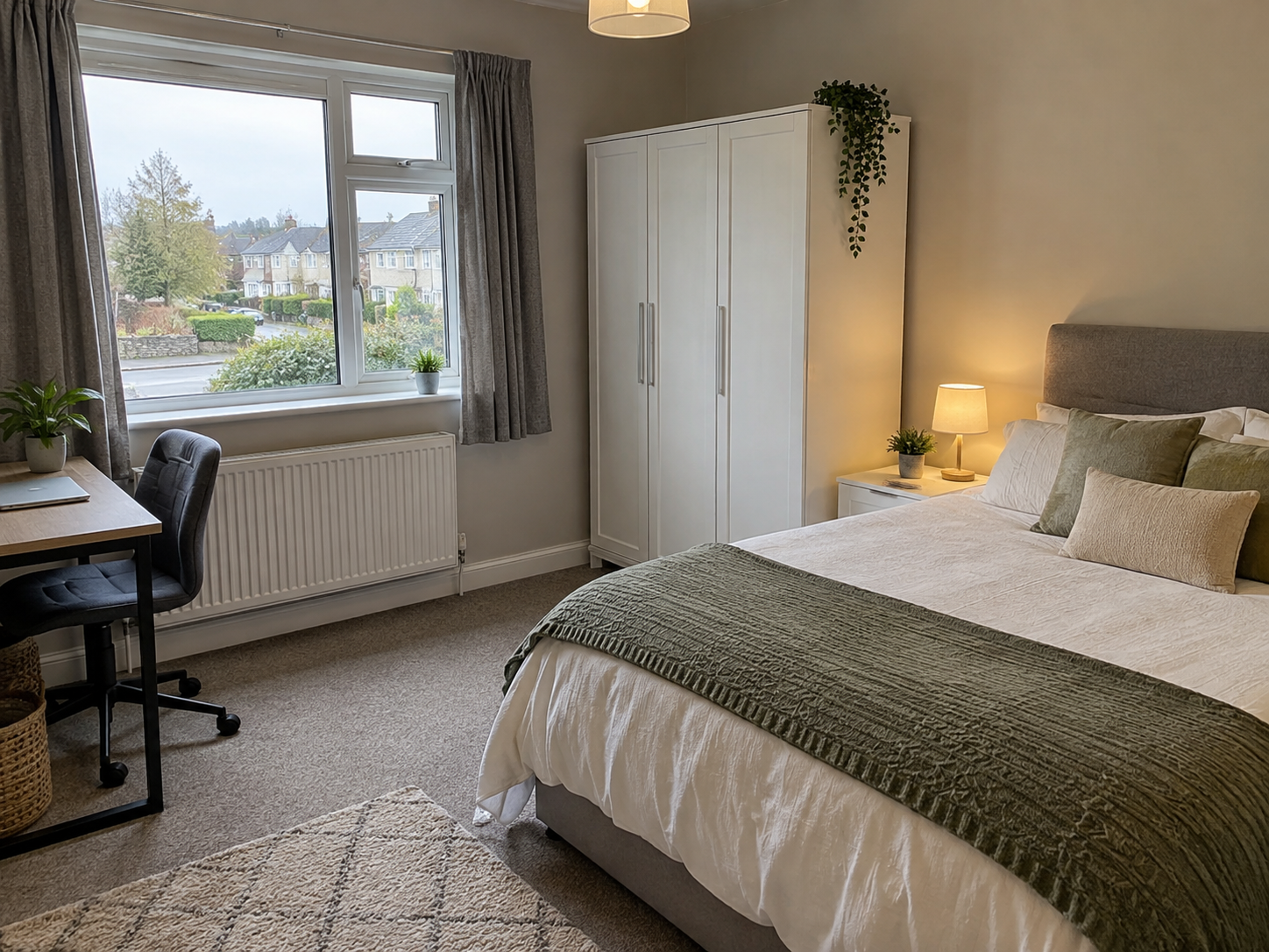 Private rental bedroom in Ireland with a double bed, study desk, wardrobe and residential neighbourhood view.