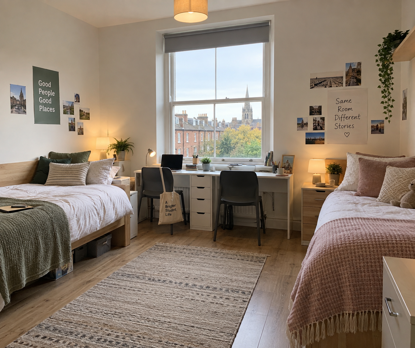 Shared student room in Dublin, Ireland with two beds, study desks and a city view.