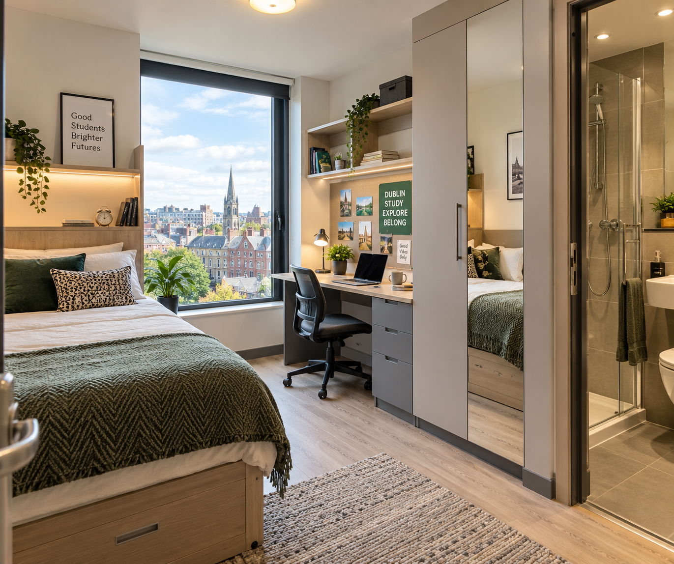 PBSA student accommodation in Dublin, Ireland with en-suite bathroom, study area and modern furnishings.